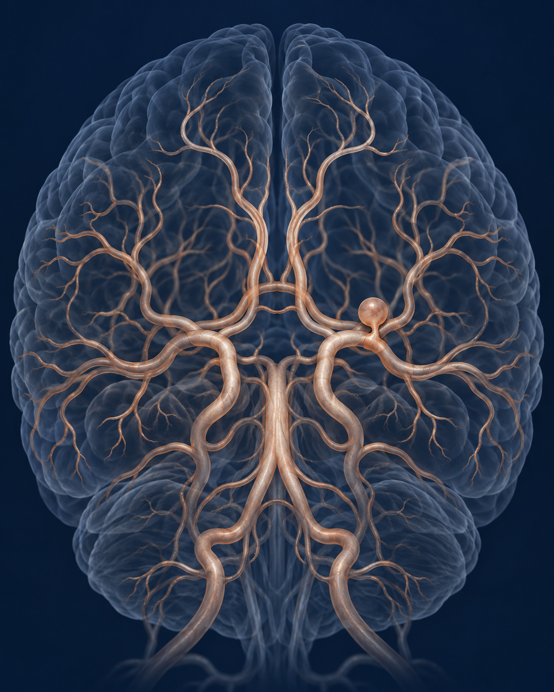 Ilustração 3D das artérias cerebrais com uma dilatação sacular não rota, sem sangramento