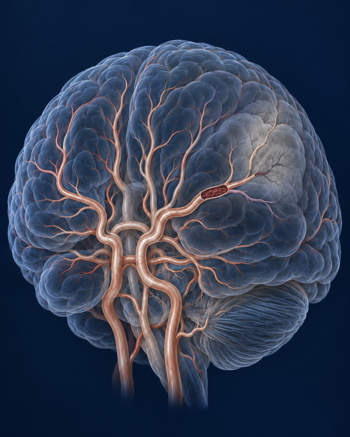 Ilustração 3D simbolizando uma artéria cerebral obstruída e uma região com menor perfusão